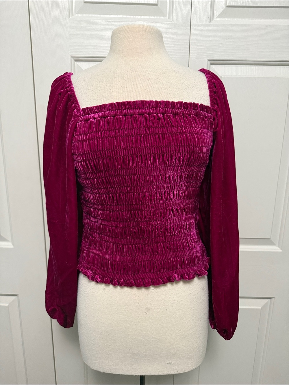 Anthropologie Smocked Velvet Square-Neck Top in Fuchsia